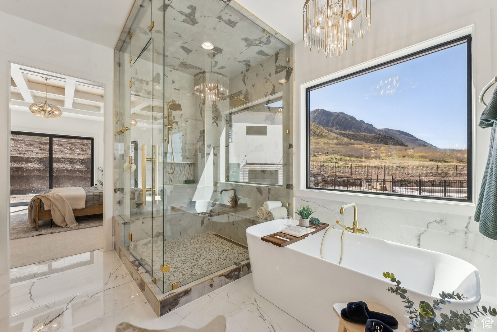 Primary bath with soaking tub and glass shower